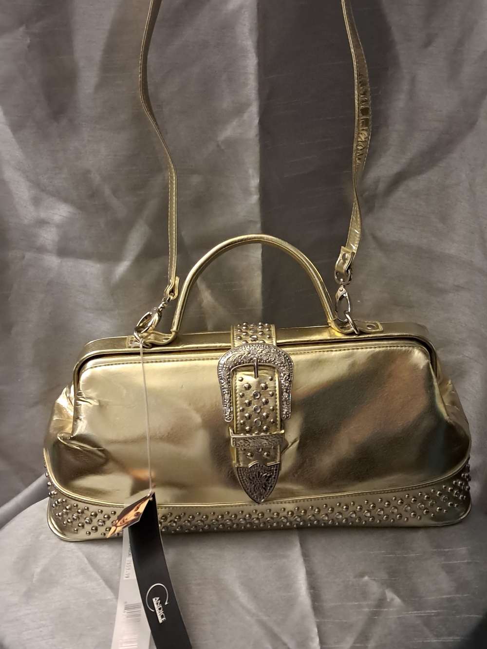 NWT. Metallic Gold Satchel W/ Hinged Closure, Embellished Buckle, Bling Details